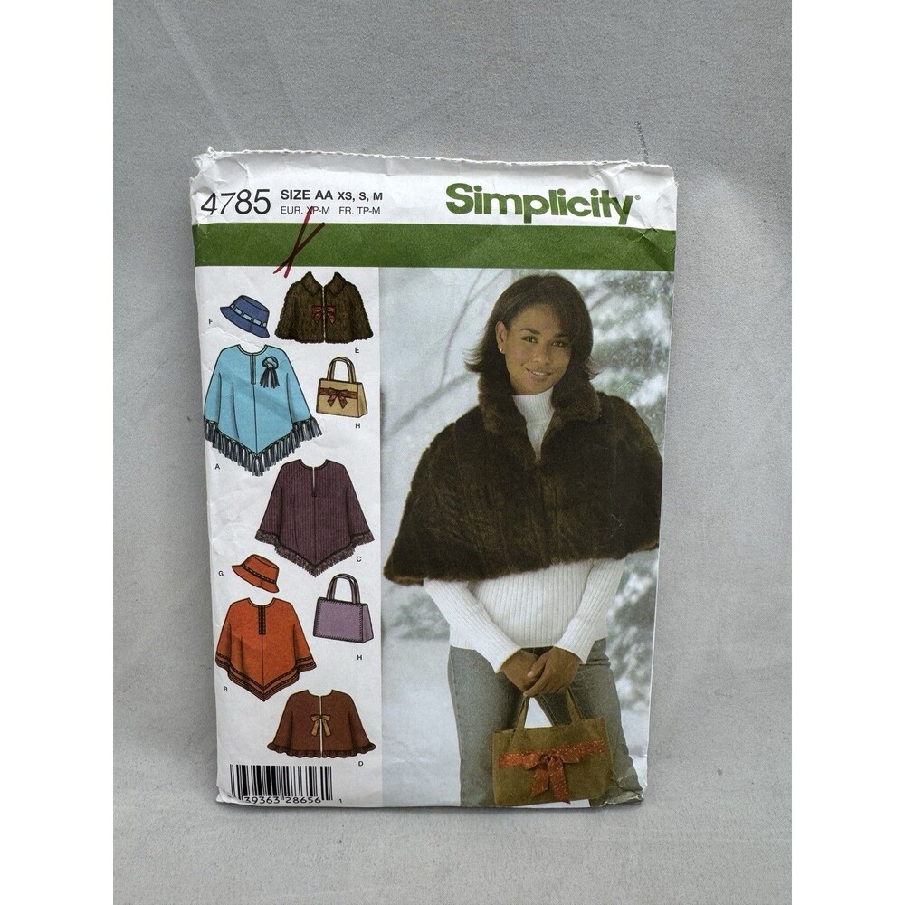 Simplicity 4785 Capelet Poncho Hat Bag Sewing Pattern Size XS Small Medium